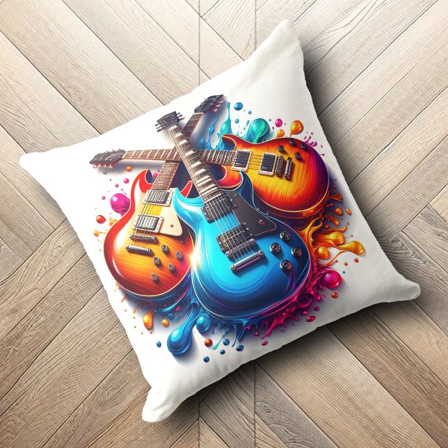 Almofada Guitarras Coloridos Vivem A Vida Alto com Música (Colorful Guitars Live Life Out Loud with Music Throw Pillow Cover Photo)