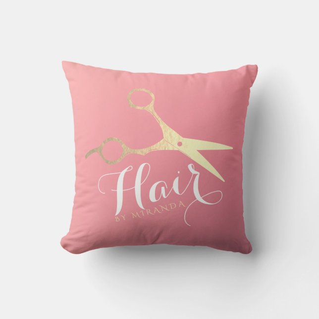 Almofada Hairstylist Makeup Salon Modern Pink Tesoura Doura (Frente)