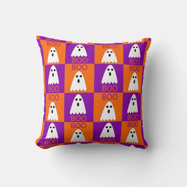 Almofada Halloween Boo Ghost Purple e Orange Squares (Frente)