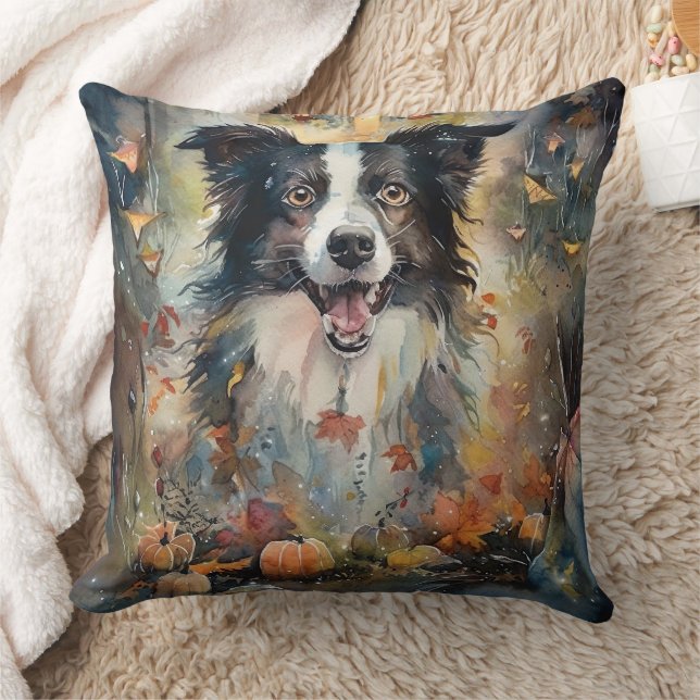 Almofada Halloween Border Collie Com Pumpkins Assustado (Cobertor)