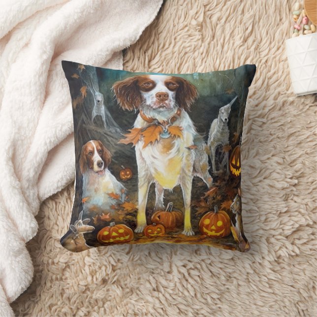 Almofada Halloween Brittany Spaniel Com Abóboras Assustador (Cobertor)