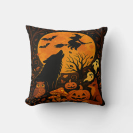 Almofada Halloween Broom Flying Witch and Moon Throw Pillow