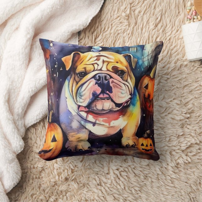 Almofada Halloween Bulldog Com Pumpkins Assustado (Cobertor)