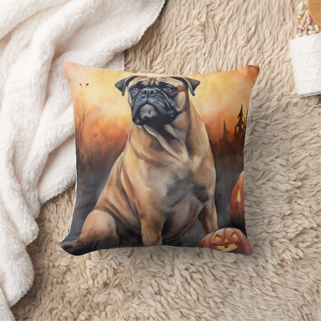 Almofada Halloween Bullmastiff Com Pumpkins Assustado (Cobertor)