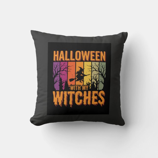 Almofada Halloween Com Minhas Bruxas Pôr do Sol Retro (Frente)