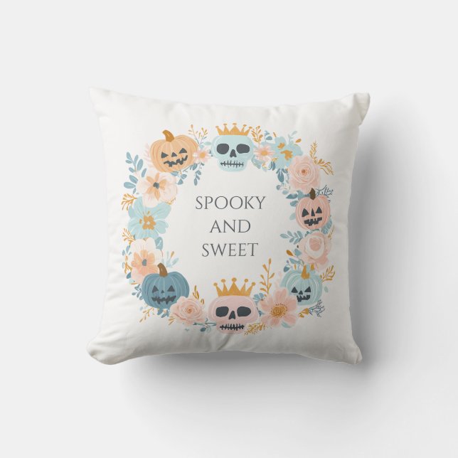 Almofada Halloween Cute Spooky Skull Pumpkin Blue Teal Pink (Frente)