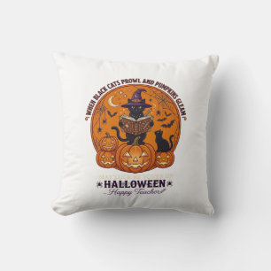 Almofada Halloween Feliz Professor Gato Preto Chapéu de Bru