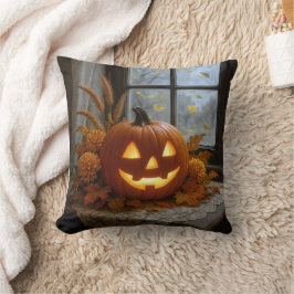 Almofada Halloween Jack-O-Lanterna Em Flores De Outono