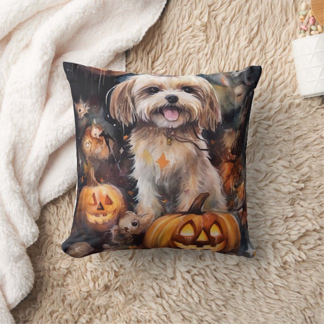 Almofada Halloween Lhasa Apso Com Pumpkins Assustado (Cobertor)