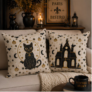 Almofada Halloween Parisian Bistro Mosaico Gato Preto & Fan