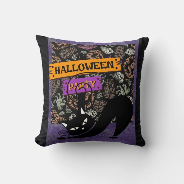 Almofada Halloween Party and Black Cat , Throw Pillow (Frente)