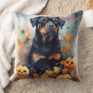 Almofada Halloween Rottweiler Com Pumpkins Assustado