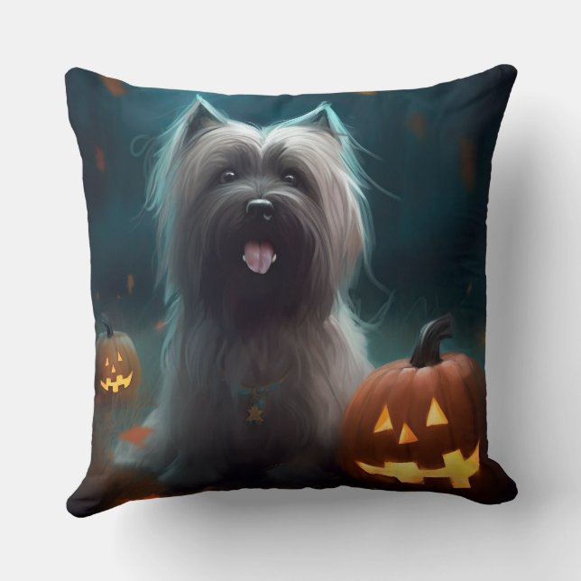 Almofada Halloween Skye Terrier Com Pumpkins Assustado (Verso)