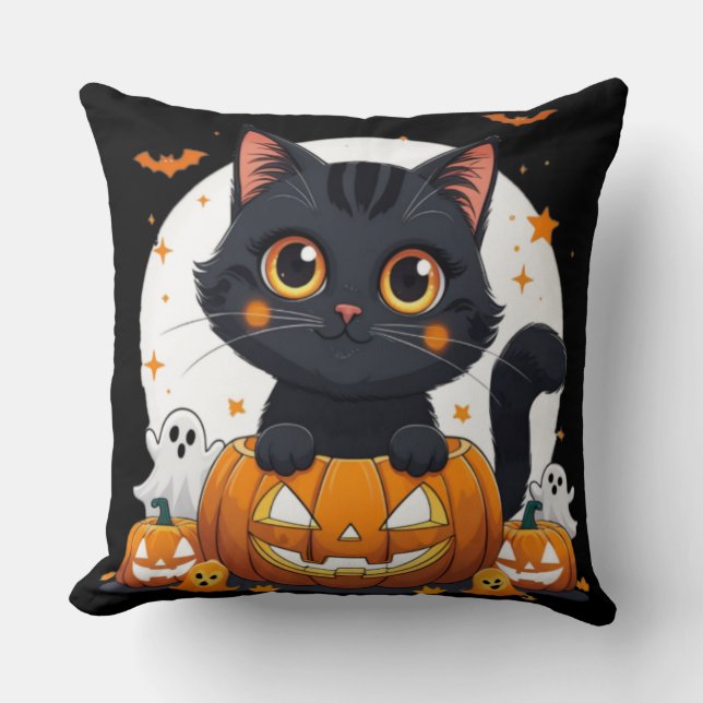 Almofada Halloween Throw Pillow with cute cat (Frente)