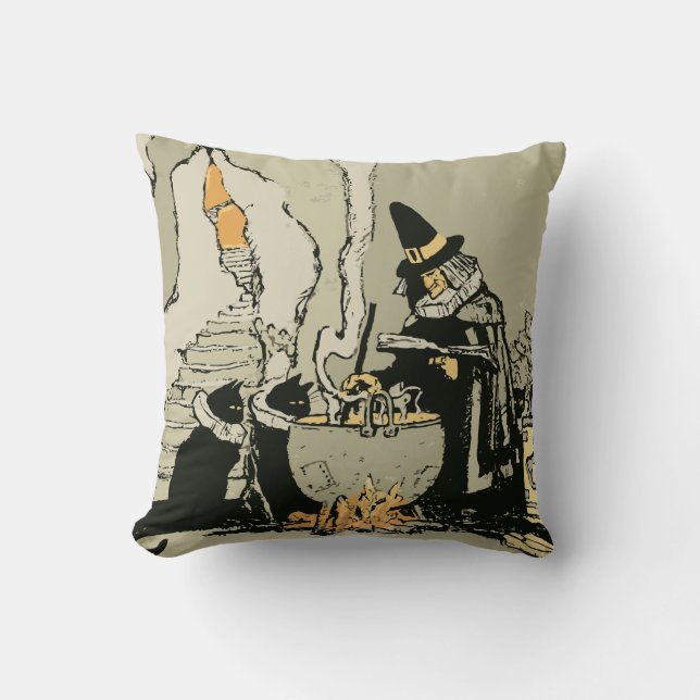 Almofada Halloween Vintage, Bruxa com Caldeirão e Gatos (Frente)