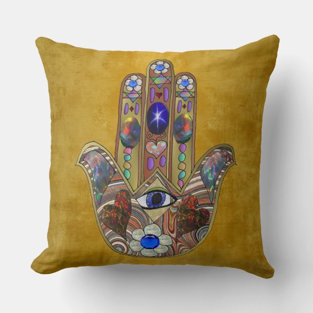 Almofada Hamsa Hearts Flowers Opal Art em Dourado (Frente)