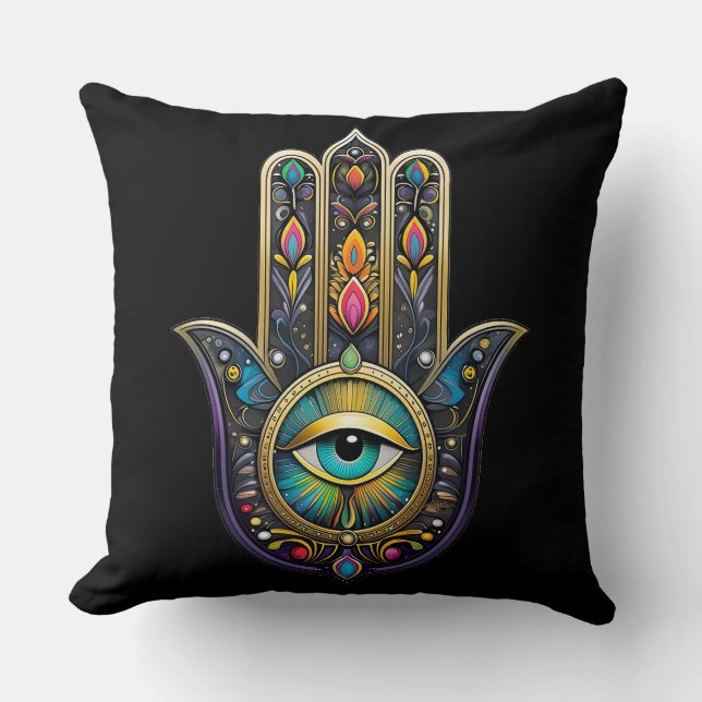 Almofada Hamsa Preto Colorido com Terceiro Olho Turquesa (Frente)