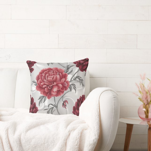Almofada Hand-Drawn Peony Throw Pillow Cover Elegant Crimso (Sofá)