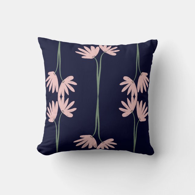 Almofada Hand Drawn Pink Wild Flowers Navy Blue (Frente)