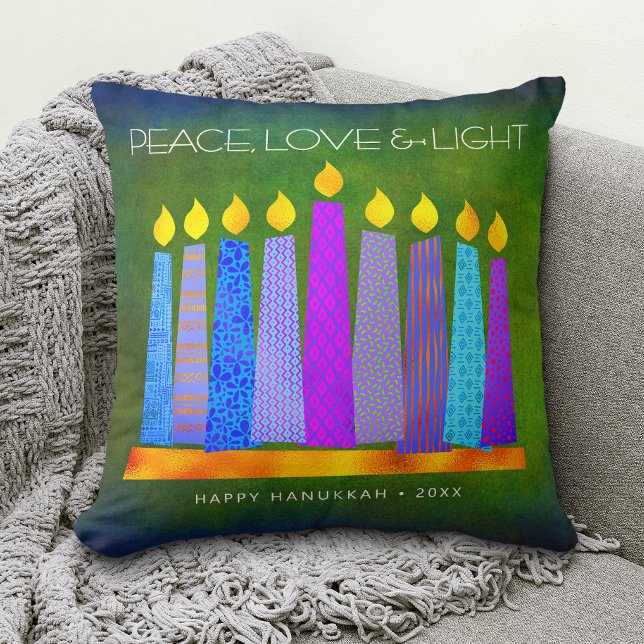 Almofada Hanukkah Bold Blue Canders Green Peace Love Light (Criador carregado)