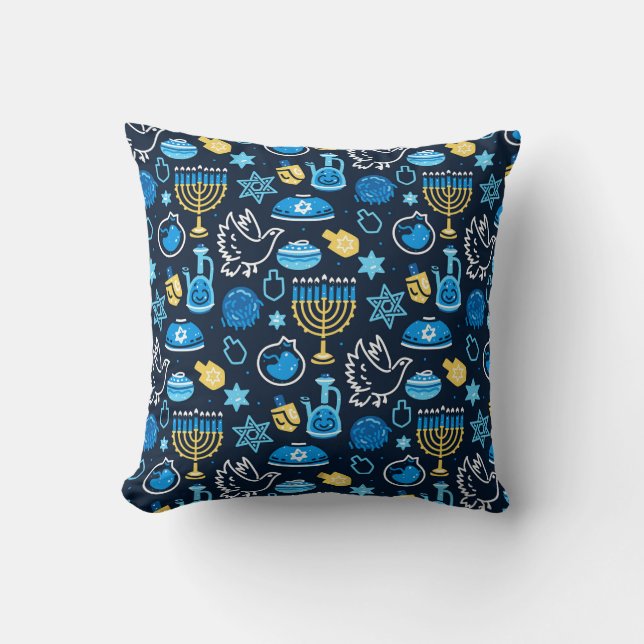 Almofada Hanukkah - Símbolos Padrão Azul (Frente)