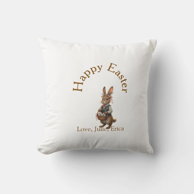 Almofada Happy Easter brown bunny with eggs love add name  (Frente)