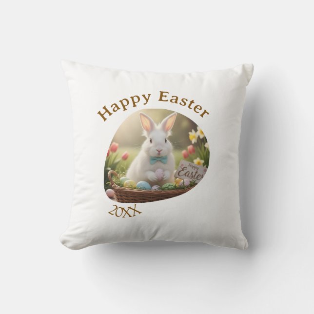 Almofada Happy Easter white bunny year photo family name  (Frente)