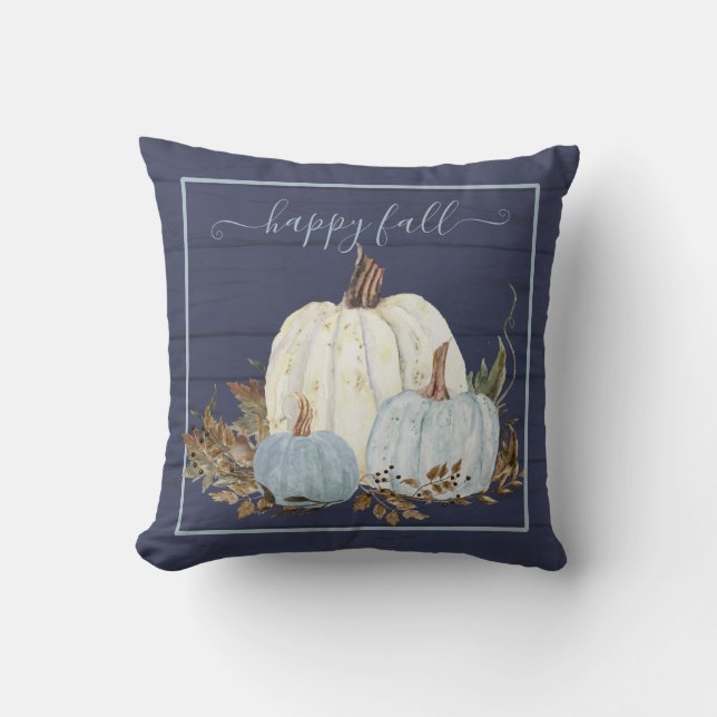 Almofada Happy Fall Navy Blue White Pumpkins Rustic Wood (Frente)