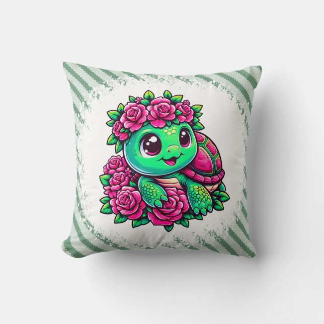 Almofada Happy Green Turtle with Pink Roses (Frente)