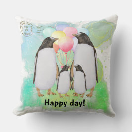 Almofada Happy penguin family with colorful balloons