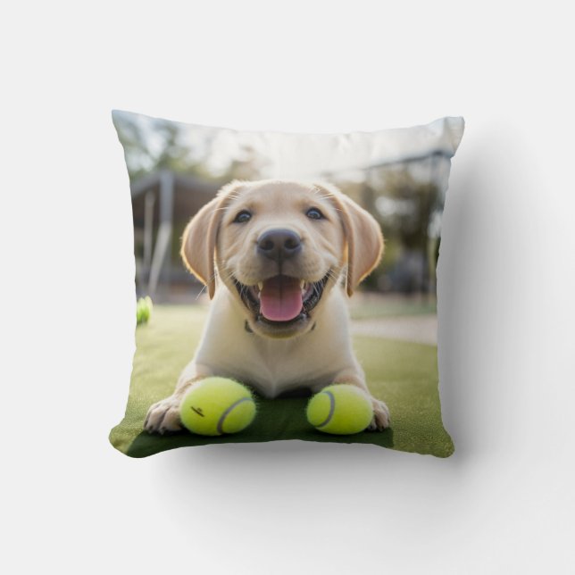 Almofada 🐶 Happy Retriever Puppy 🎾 com 2 bolas de Tênis (Frente)