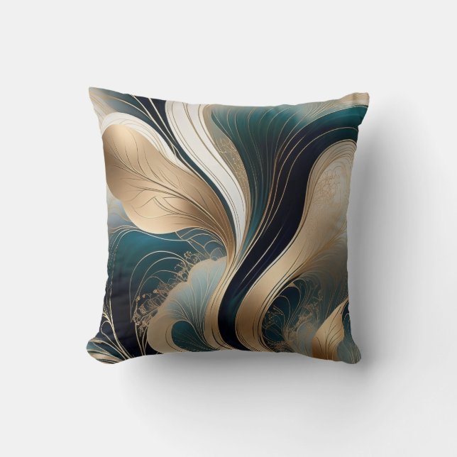 Almofada Harmonia Dourada - Abstrato em Turquesa e Dourado (Frente)