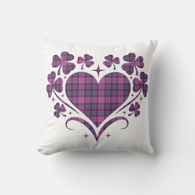 Almofada Heart Shamrock Plaid Purple Teal Tartan Clover (Frente)