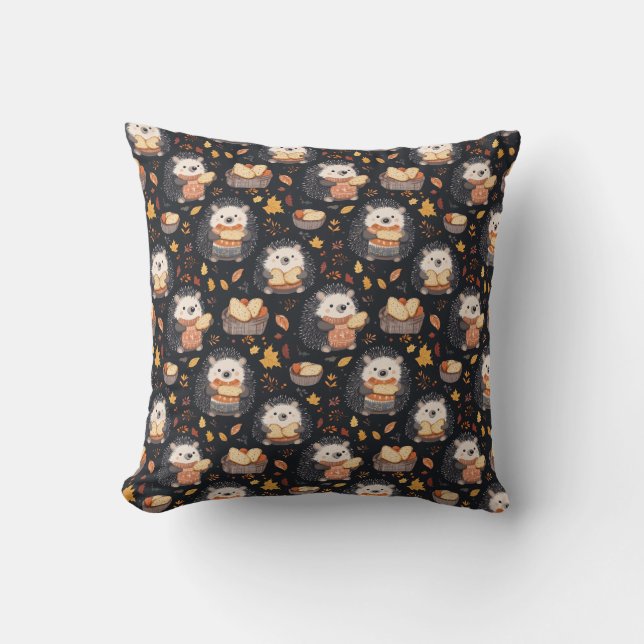 Almofada Hedgehogs bonitos com Folhas de Pão e Outono (Frente)