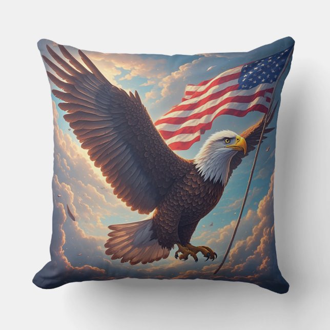 Almofada Heroic Eagle Floating American Flag Patriotic (Frente)