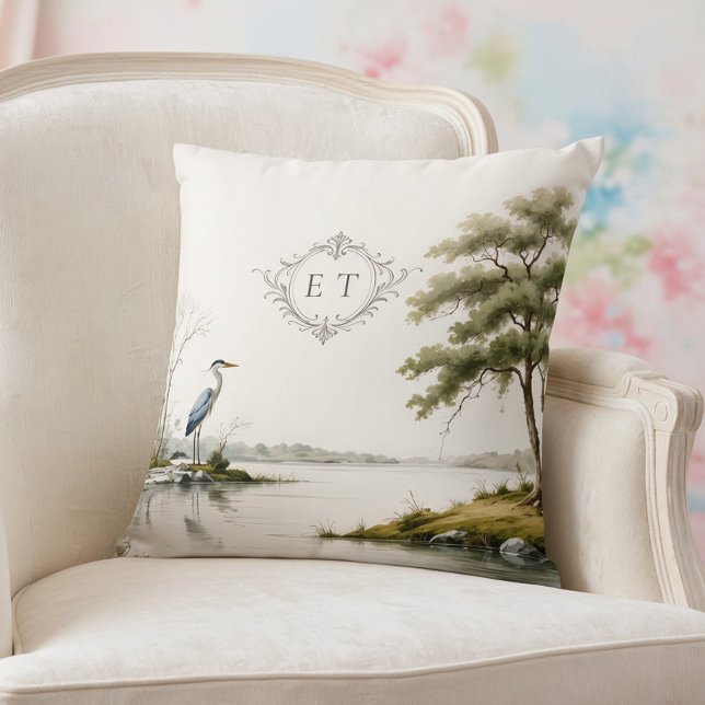 Almofada Heron Lake Toile French Country Wedding Monogram (Criador carregado)