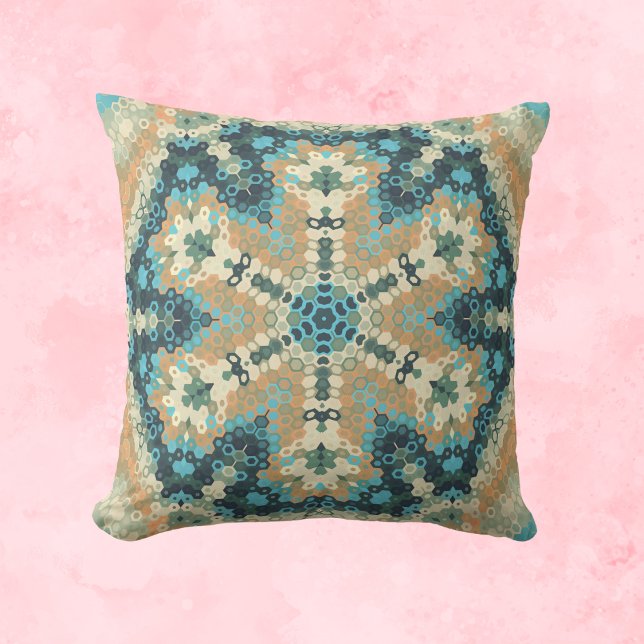 Almofada Hex Mandala Blue e Orange (Blue and Orange Hexagon Mandala Throw Pillow by Wormhole Orbital)