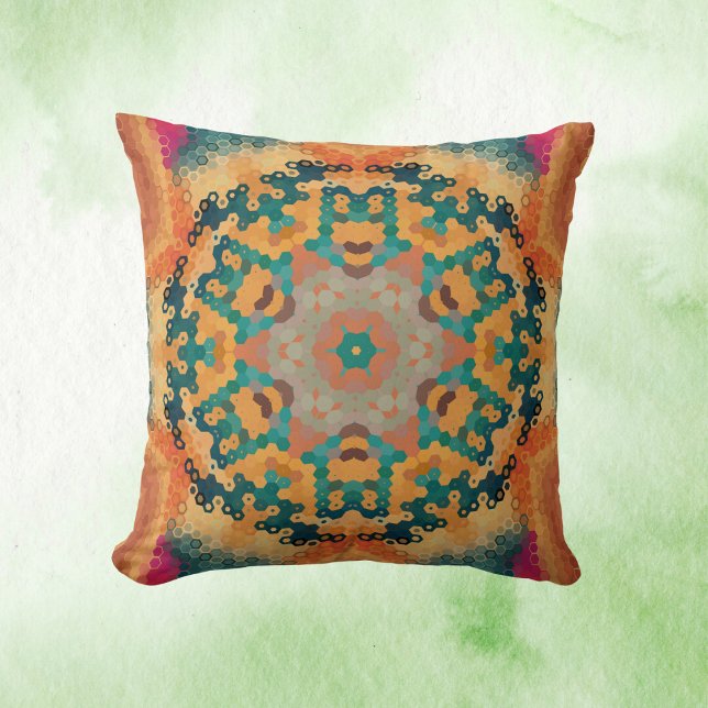 Almofada Hex Mandala Orange e Blue (Orange and Blue Hexagon Mandala Throw Pillow by Wormhole Orbital)