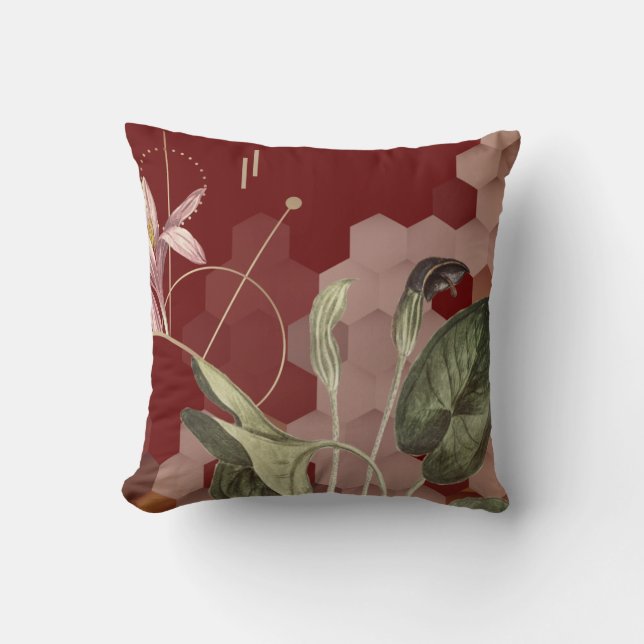 Almofada Hexágono Floral Artístico Dourado e Burgúndio (Frente)