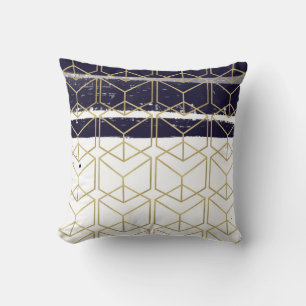 Almofada Hexágono Moderno Azul Marinho Dourado Geométrico G