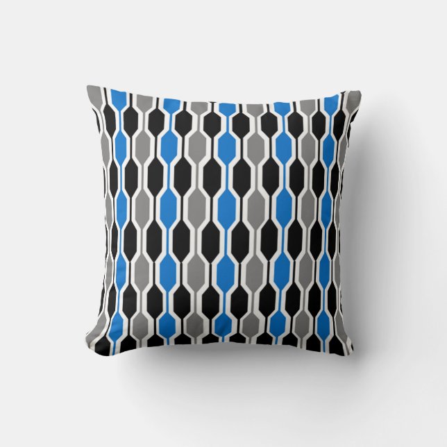 Almofada Hexágonos de médio-século, preto, azul e Cinza (Frente)