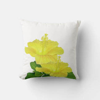 Almofada Hibisco Amarelo Tropical em um Quadrado Branco