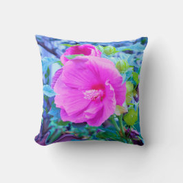 Almofada Hibisco Rosa Elegante com Folhagem Azul Ondulada