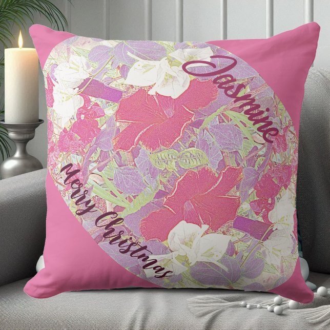 Almofada Hibiscus Floral Rosa, Feliz Jardim de Natal (Pink Floral Hibiscus Merry Christmas Garden Cute Throw Pillow)