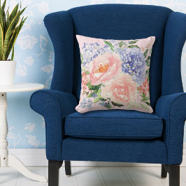 Almofada Hidrângea Peônia Floral Azul Rosa Aquarela Primave
