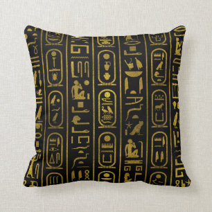 Almofada Hieroglyphs Dourados antigos egípcios no preto
