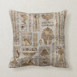 Almofada Hieroglyphs e deidades egípcios - ouro do vintage
