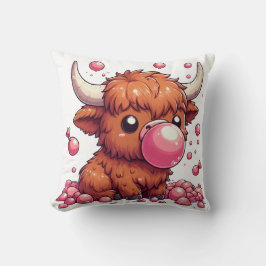 Almofada highland cow calf blowing pink bubblegum cushion
