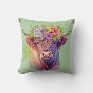 Almofada Highland Cow Watercolor com flores