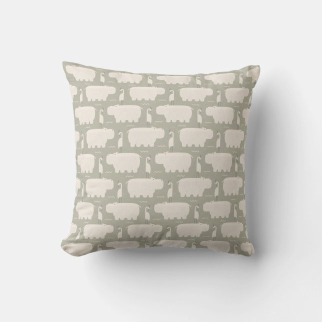 Almofada Hippo e ave - Sage green - berçário (Frente)